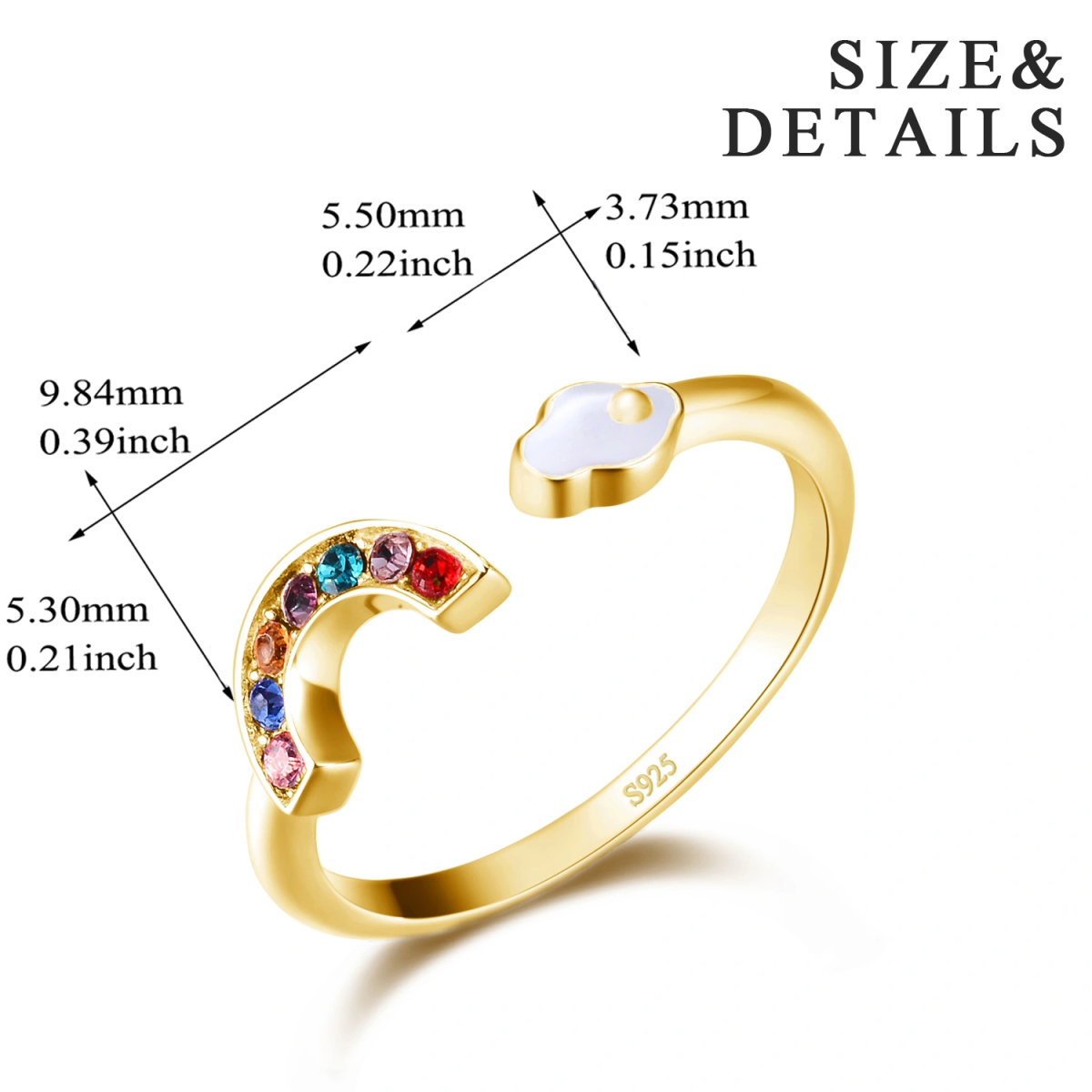 Sterling Silver with Yellow Gold Plated Crystal Chakras & Rainbow Open Ring-3