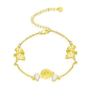 Sterling Silver with Yellow Gold Plated Crystal Leaves Pendant Bracelet-2