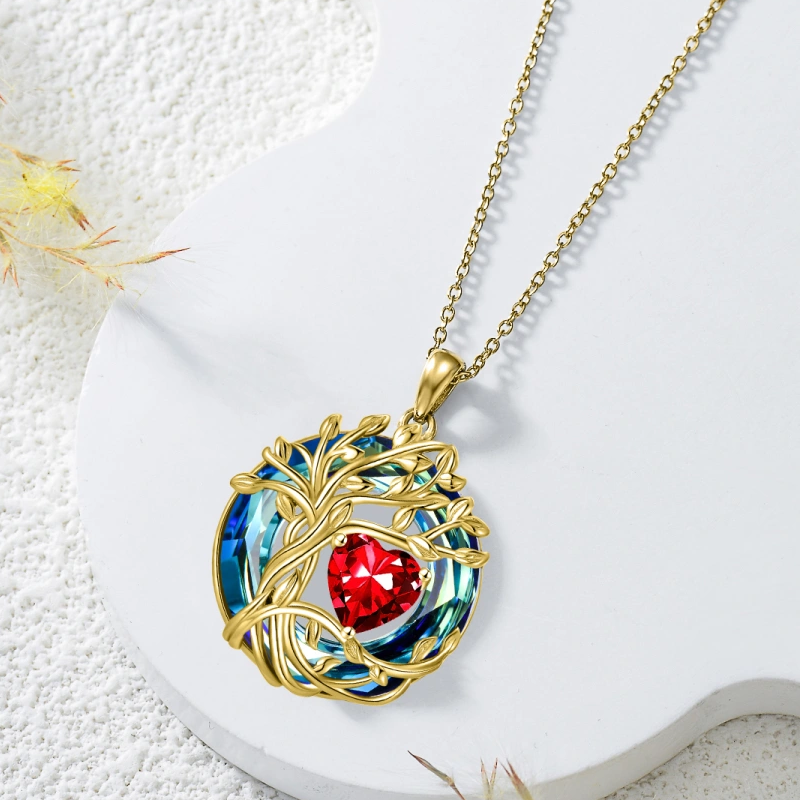 Sterling Silver with Yellow Gold Plated Crystal & Personalized Birthstone Tree Of Life & Heart Pendant Necklace-3