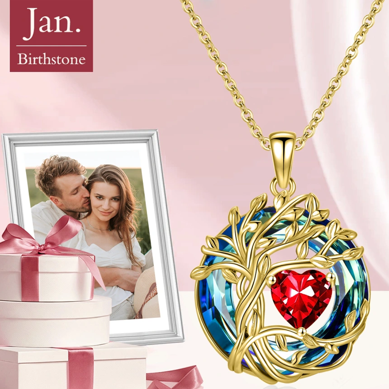 Sterling Silver with Yellow Gold Plated Crystal & Personalized Birthstone Tree Of Life & Heart Pendant Necklace-4