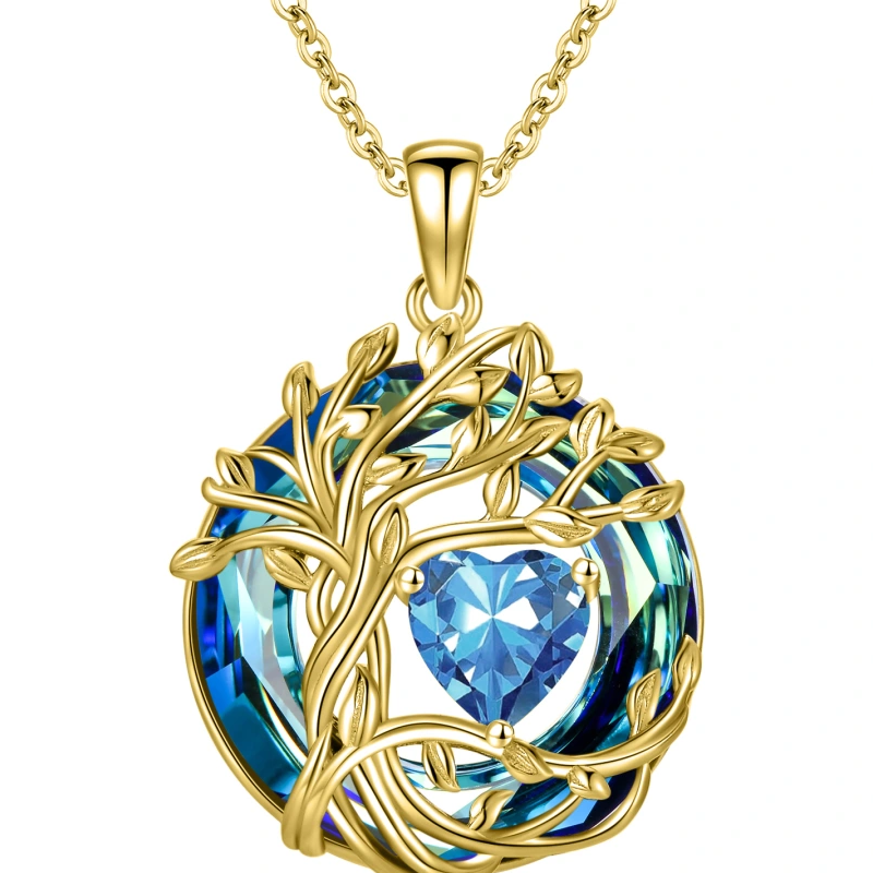 Sterling Silver with Yellow Gold Plated Crystal & Personalized Birthstone Tree Of Life & Heart Pendant Necklace-15