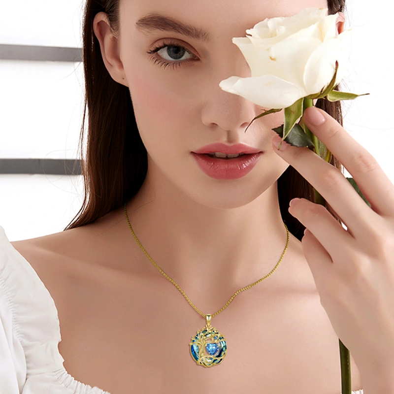 Collar con colgante de corazón del árbol de la vida personalizado con piedra de nacimiento de cristal chapado en oro amarillo en plata de ley-2