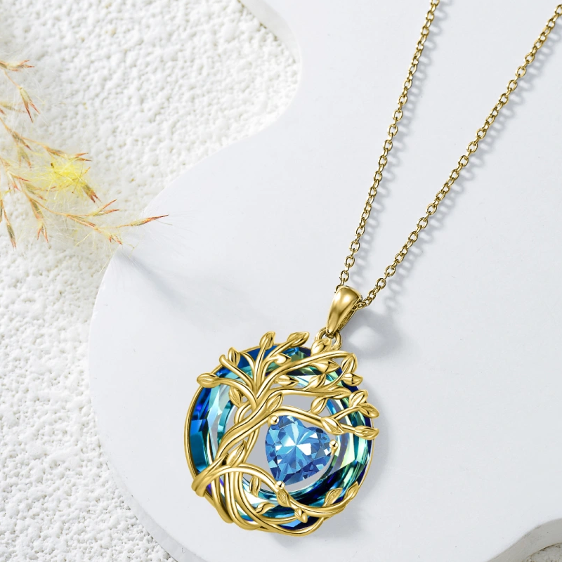 Collar con colgante de corazón del árbol de la vida personalizado con piedra de nacimiento de cristal chapado en oro amarillo en plata de ley-3