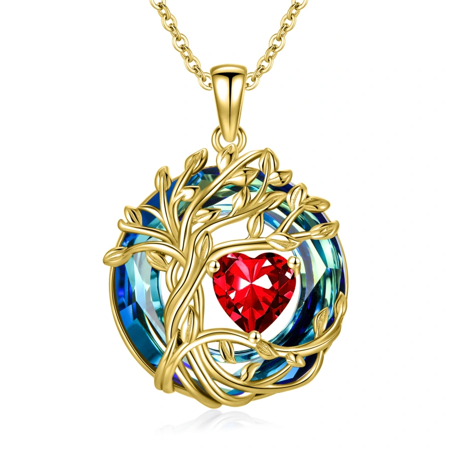 Sterling Silver with Yellow Gold Plated Crystal & Personalized Birthstone Tree Of Life & Heart Pendant Necklace-1