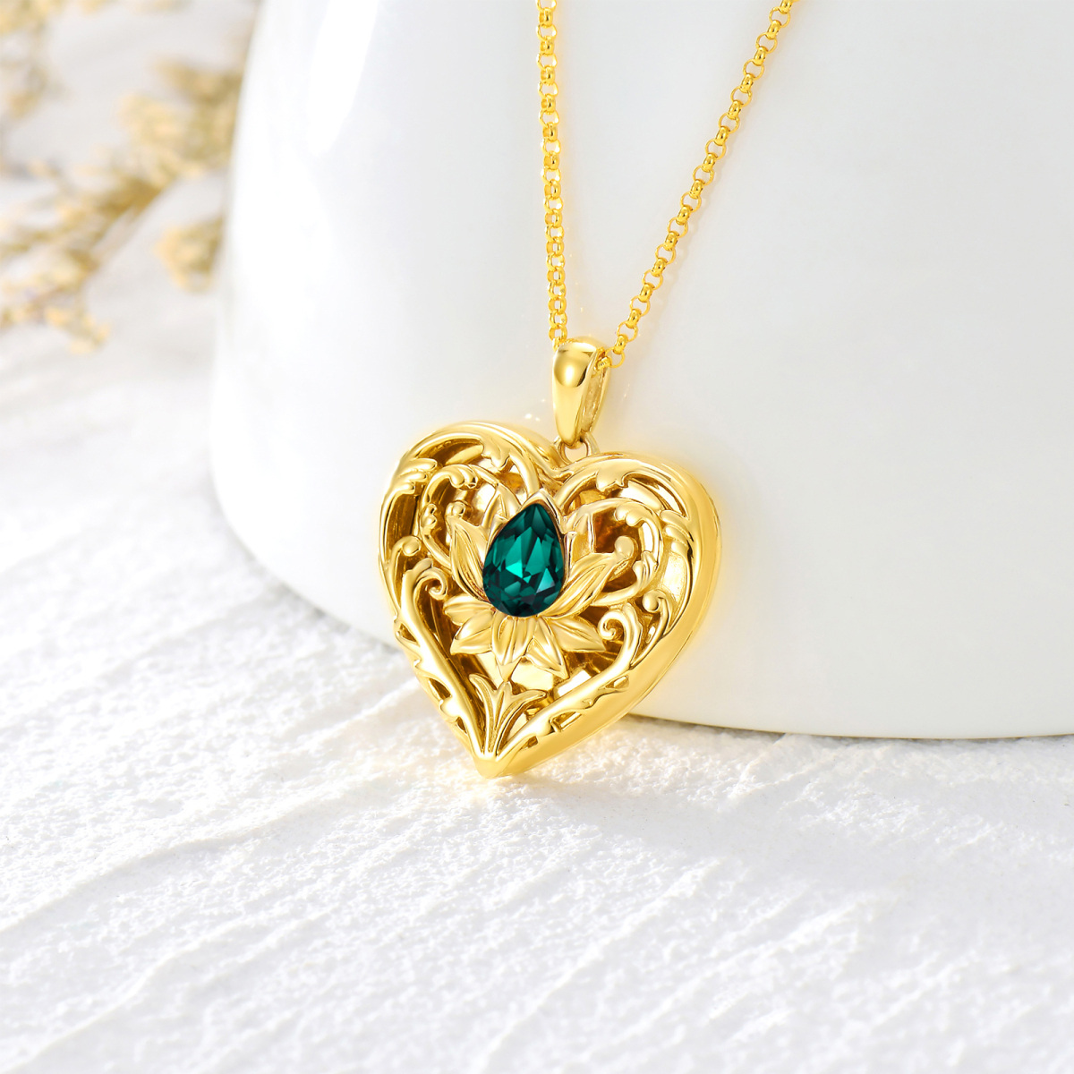 Sterling Silver With Yellow Gold Plated Crystal Engraving Lotus Heart Personalised Photo Locket Necklace For Women-3