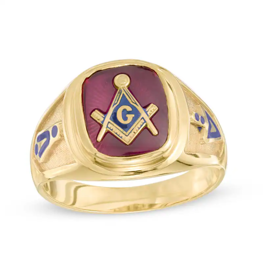 Anillo masónico con rubí de talla cojín en plata de ley y baño de oro amarillo para hombre