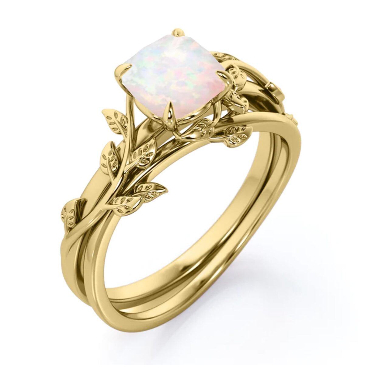 Sterling Silver with Yellow Gold Plated Cushion Shape Opal Leaves Engagement Ring-5