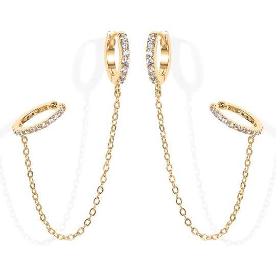 Sterling Silver with Yellow Gold Plated CZ Double Piercing Dangle Chain Huggie Hoop Earrings