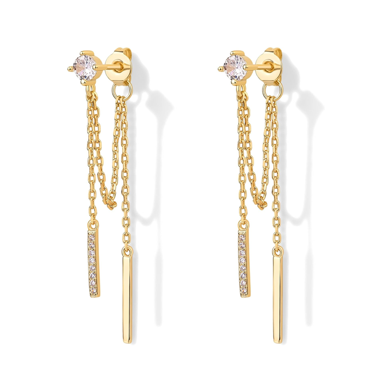 Kolczyki ze srebra próby 925 z pozłacanymi żółtym złotem cyrkoniami, wiszące, z łańcuszkiem kulkowym i nawlekaczem-1