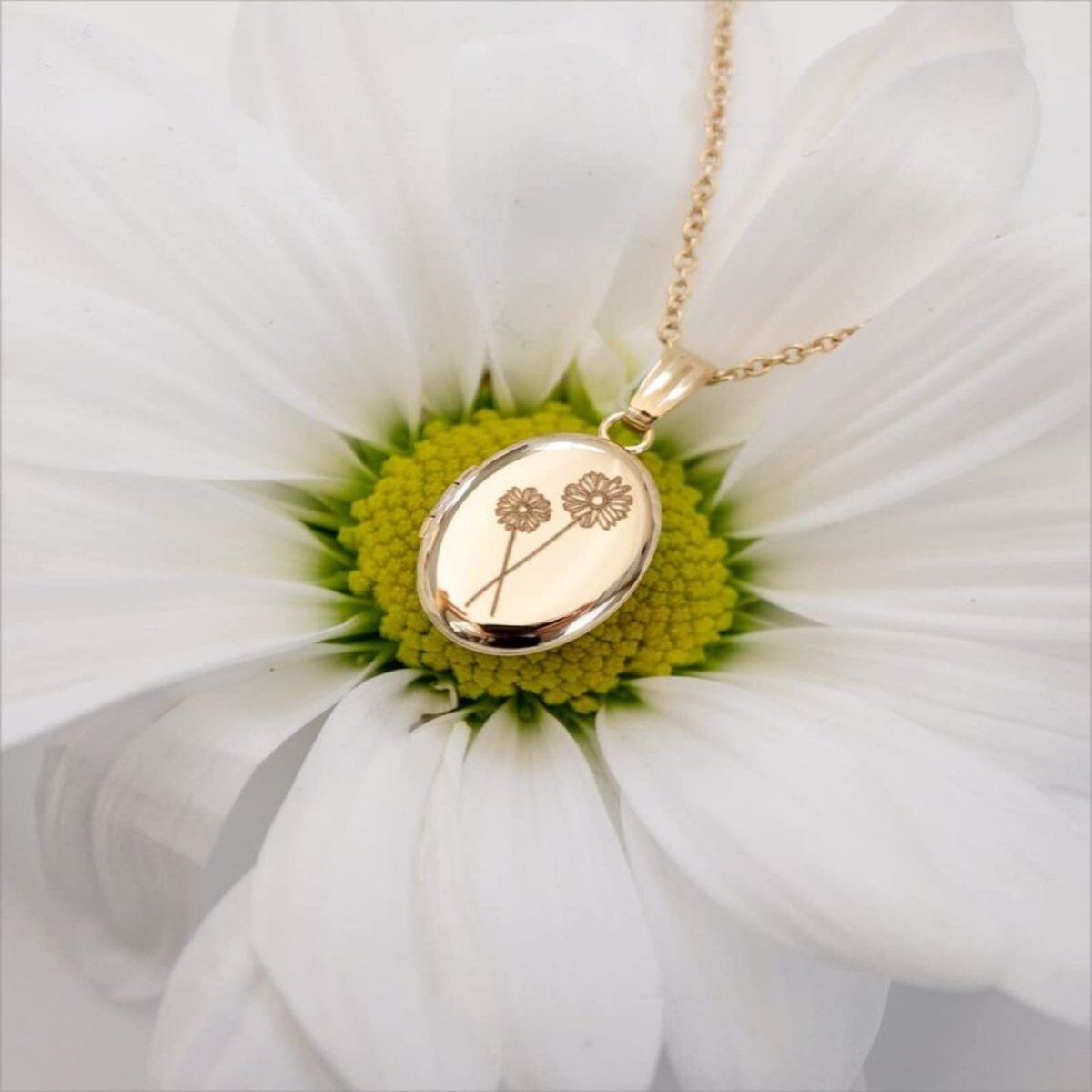 Sterling Silver with Yellow Gold Plated Daisy Personalized Oval Photo Locket Necklace-2