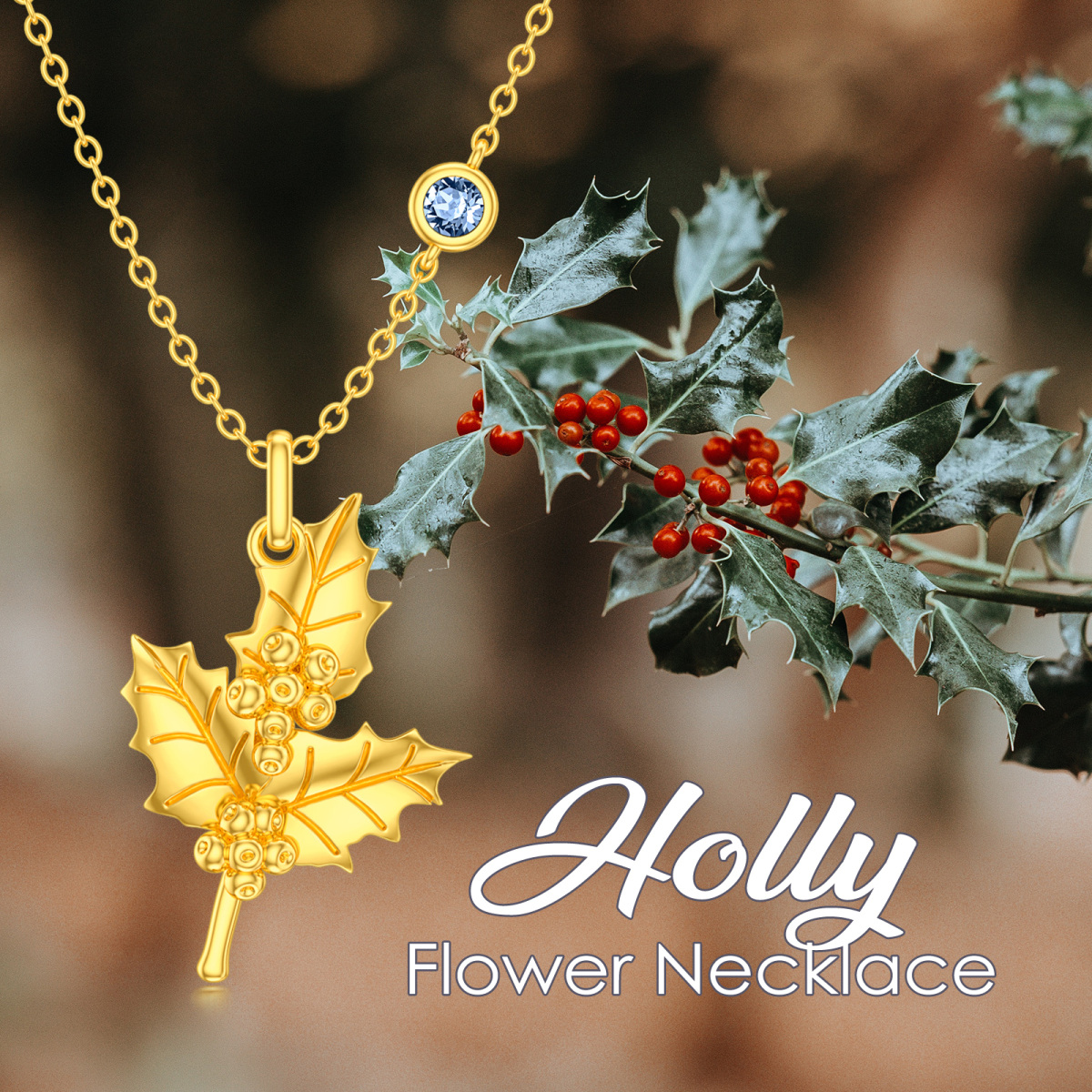 Plata de ley con chapado en oro amarillo Diciembre Birthstone Flor Holly Collar Colgante-6