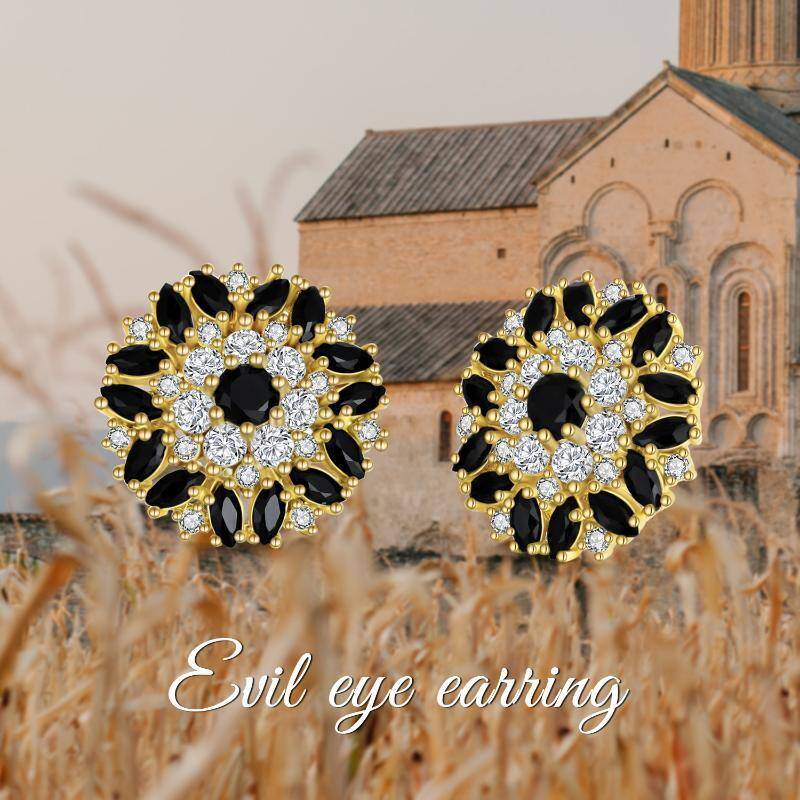 Sterling Silver with Yellow Gold Plated Cubic Zirconia Devil's Eye Stud Earrings-3