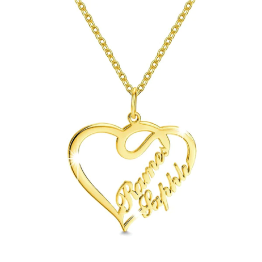 Sterling Silver with Yellow Gold Plated Double Personalized Classic Name & Heart Pendant Necklace