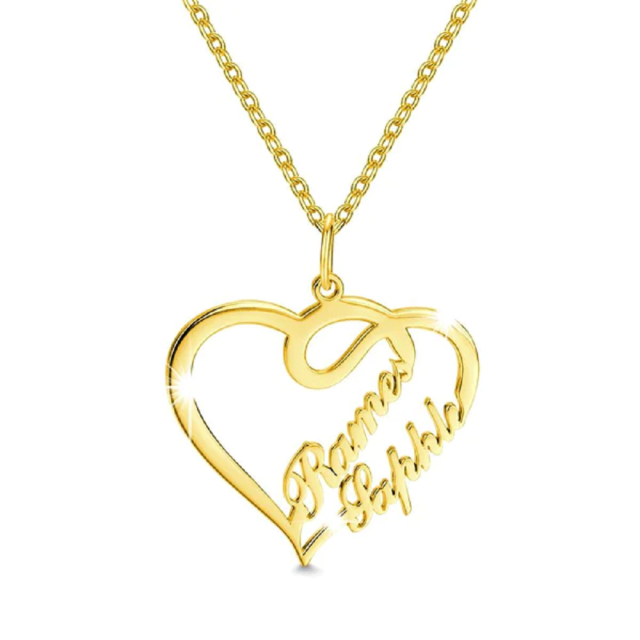 Plata de ley con baño de oro amarillo doble personalizado clásico nombre y corazón collar colgante-1