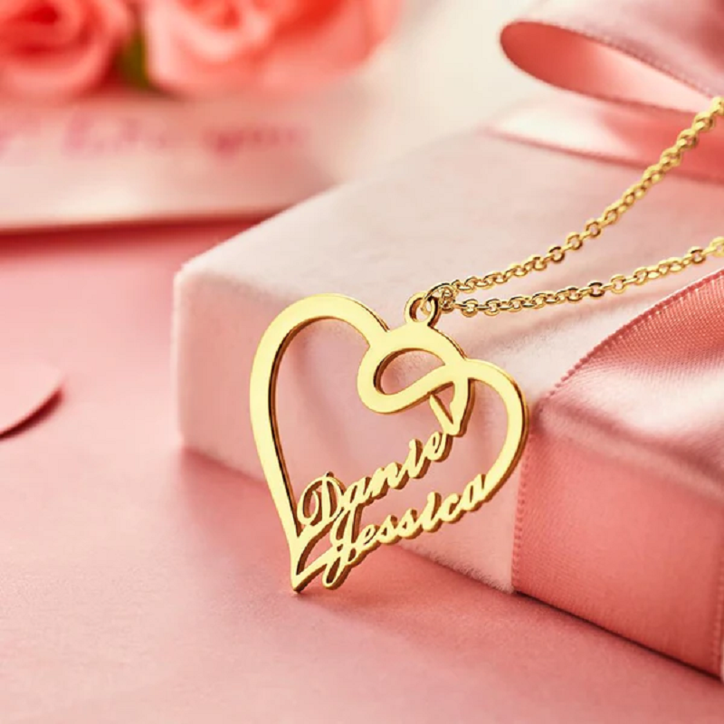 Plata de ley con baño de oro amarillo doble personalizado clásico nombre y corazón collar colgante-3