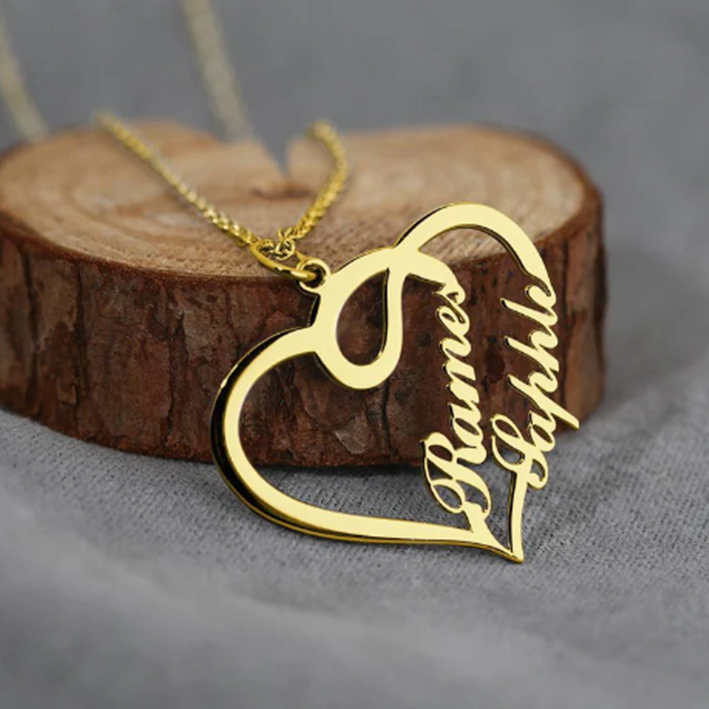 Sterling Silver with Yellow Gold Plated Double Personalized Classic Name & Heart Pendant Necklace-4