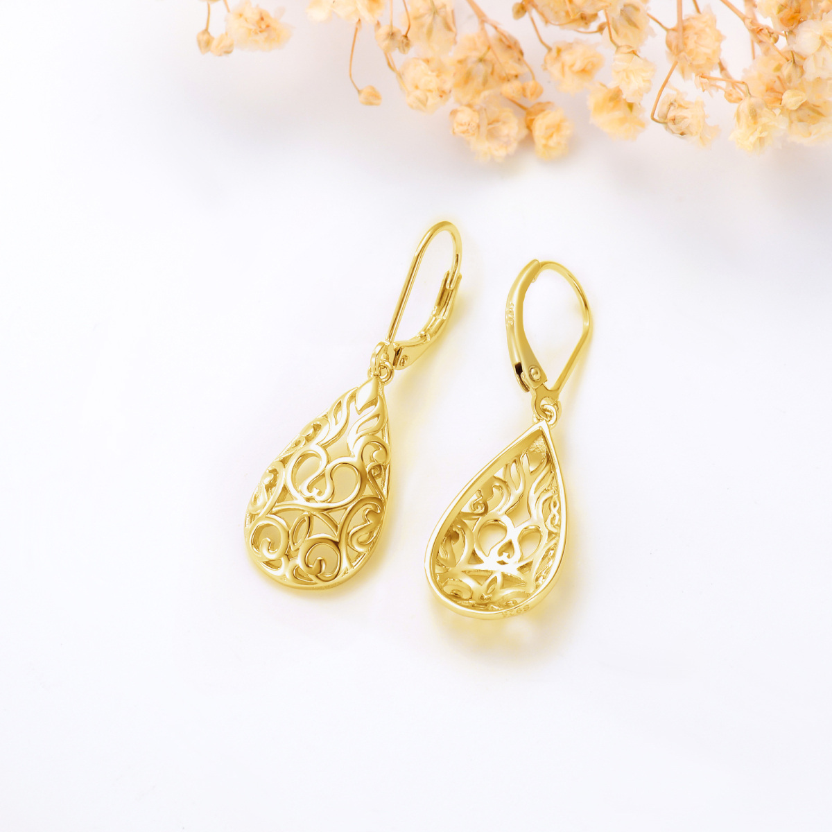 Sterling Silver with Yellow Gold Plated Drop Shape Drop Earrings-4