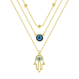 Sterling Silver with Yellow Gold Plated Evil Eye & Hamsa Hand Layered Necklace-16