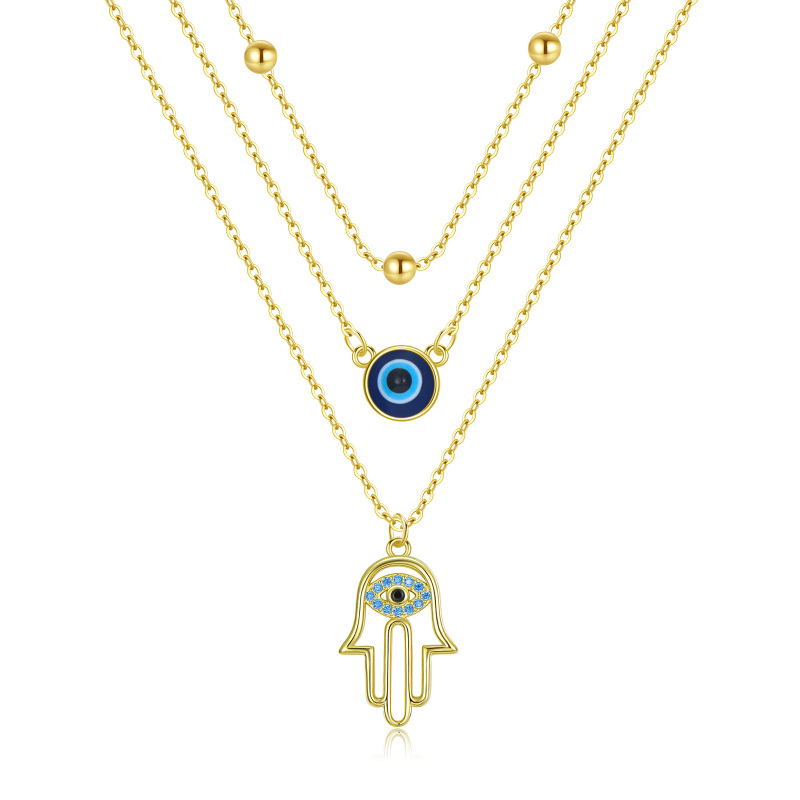 Sterling Silver with Yellow Gold Plated Evil Eye & Hamsa Hand Layered Necklace-15