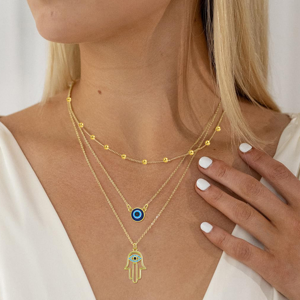 Sterling Silver with Yellow Gold Plated Evil Eye & Hamsa Hand Layered Necklace-2