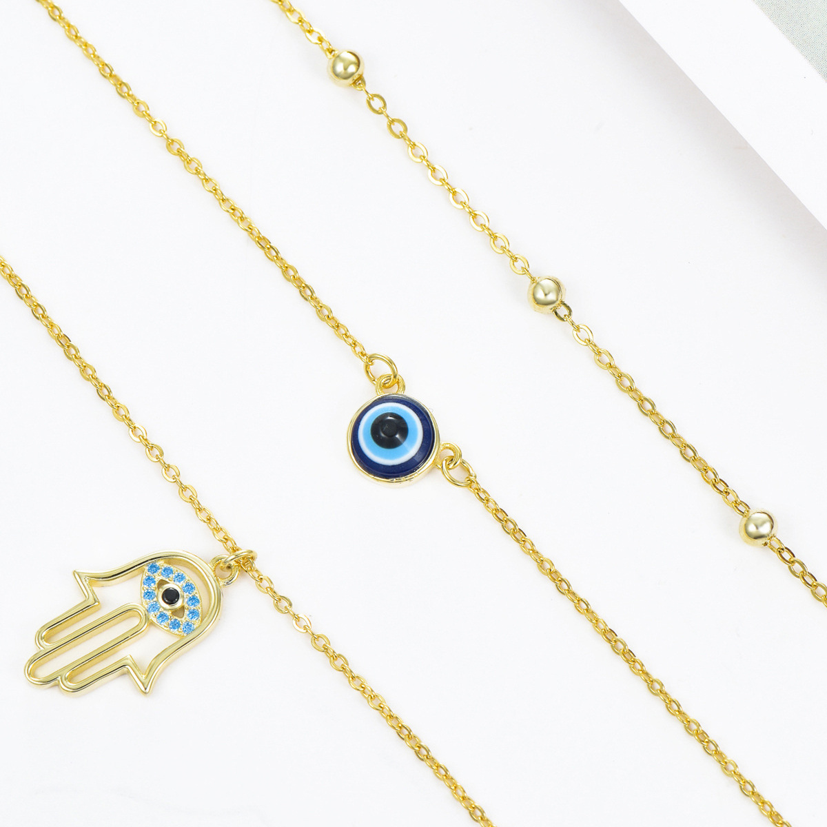 Sterling Silver with Yellow Gold Plated Evil Eye & Hamsa Hand Layered Necklace-3