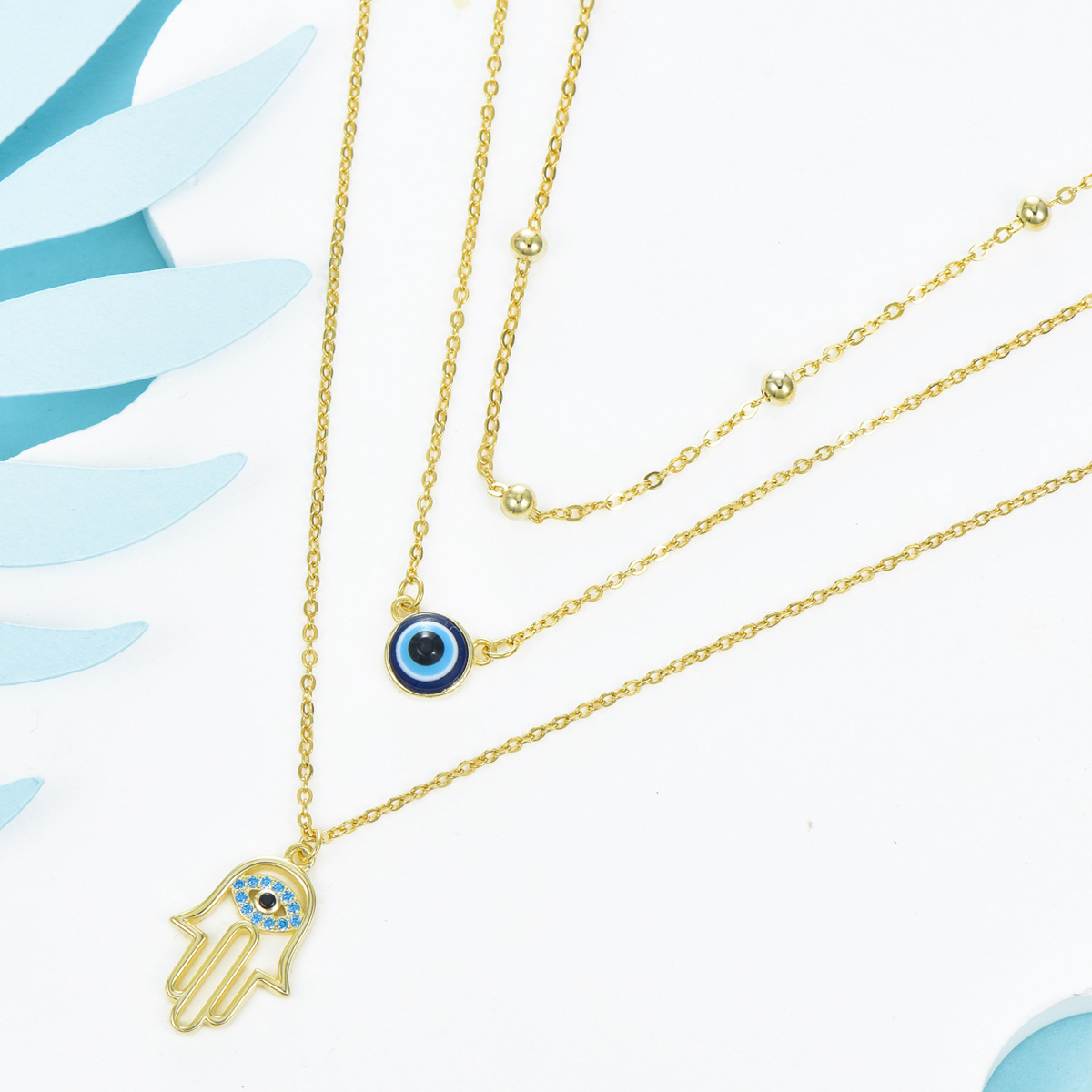 Sterling Silver with Yellow Gold Plated Evil Eye & Hamsa Hand Layered Necklace-4