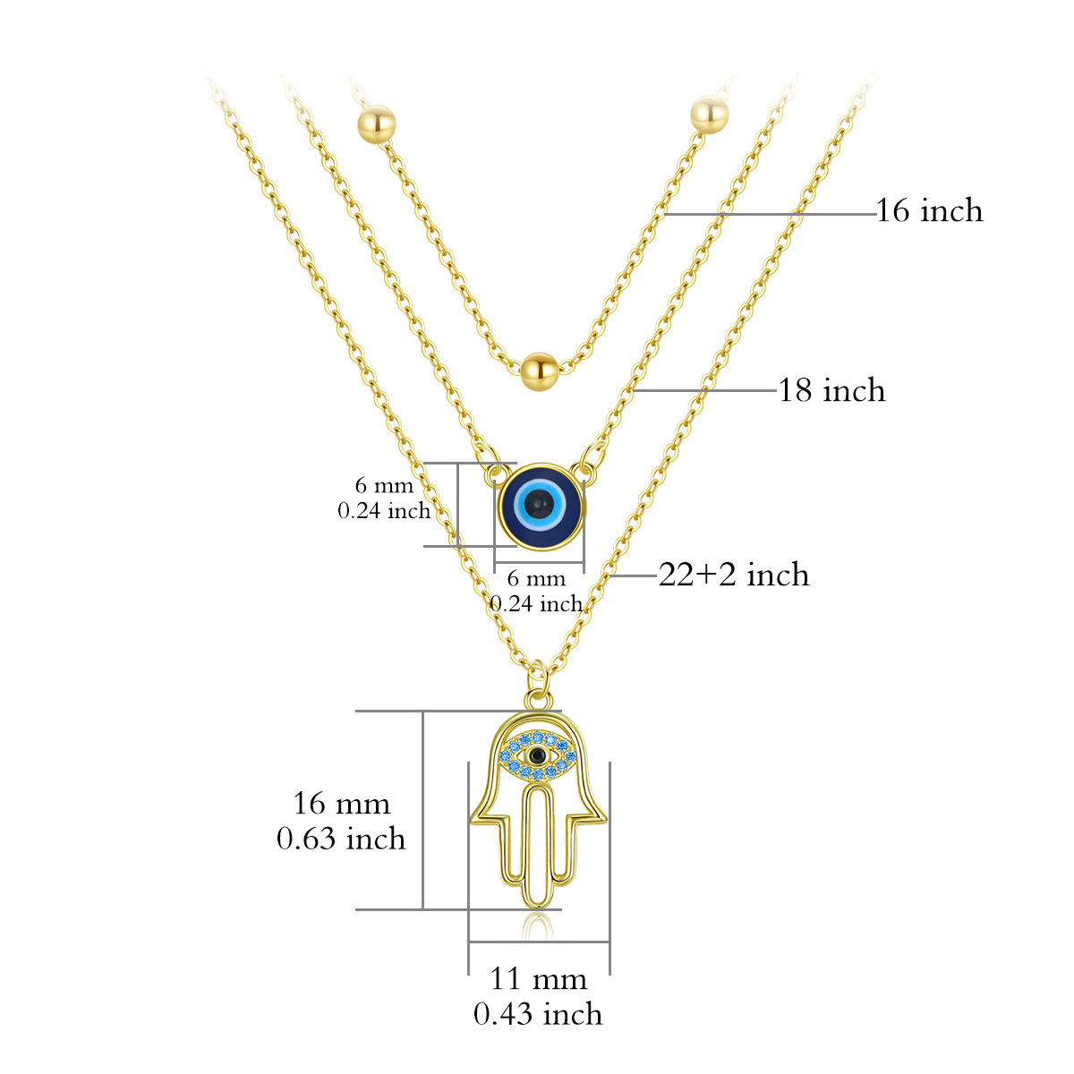 Sterling Silver with Yellow Gold Plated Evil Eye & Hamsa Hand Layered Necklace-5