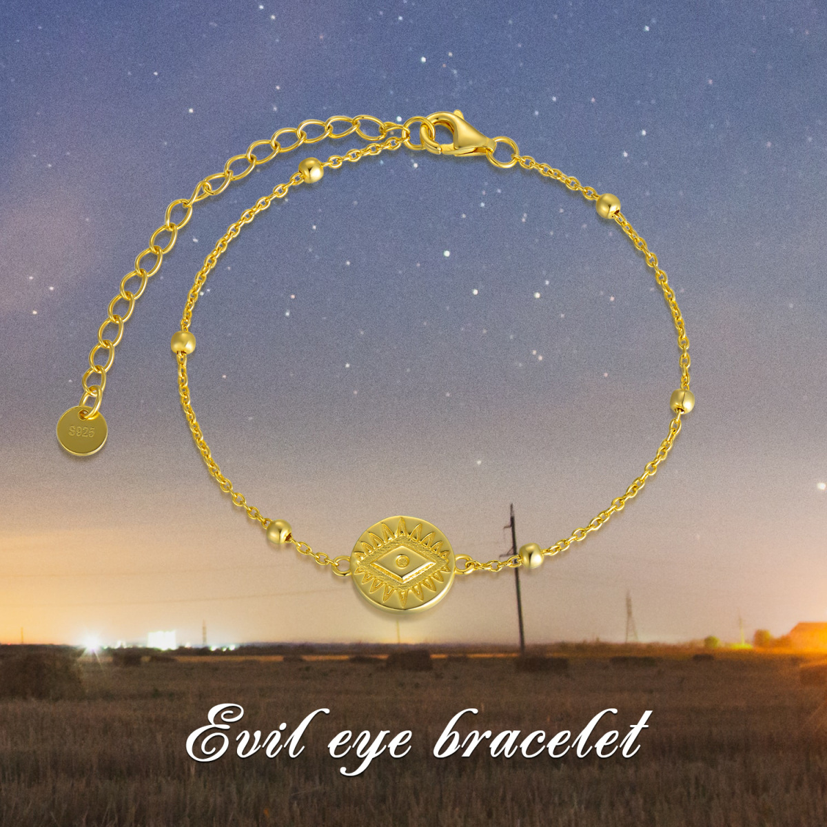 Pulsera de plata de ley con colgante de mal de ojo chapado en oro amarillo-3