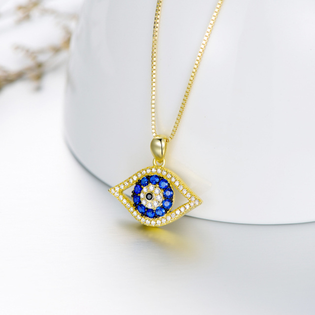 Sterling Silver with Yellow Gold Plated Cubic Zirconia Evil Eye Pendant Necklace-4