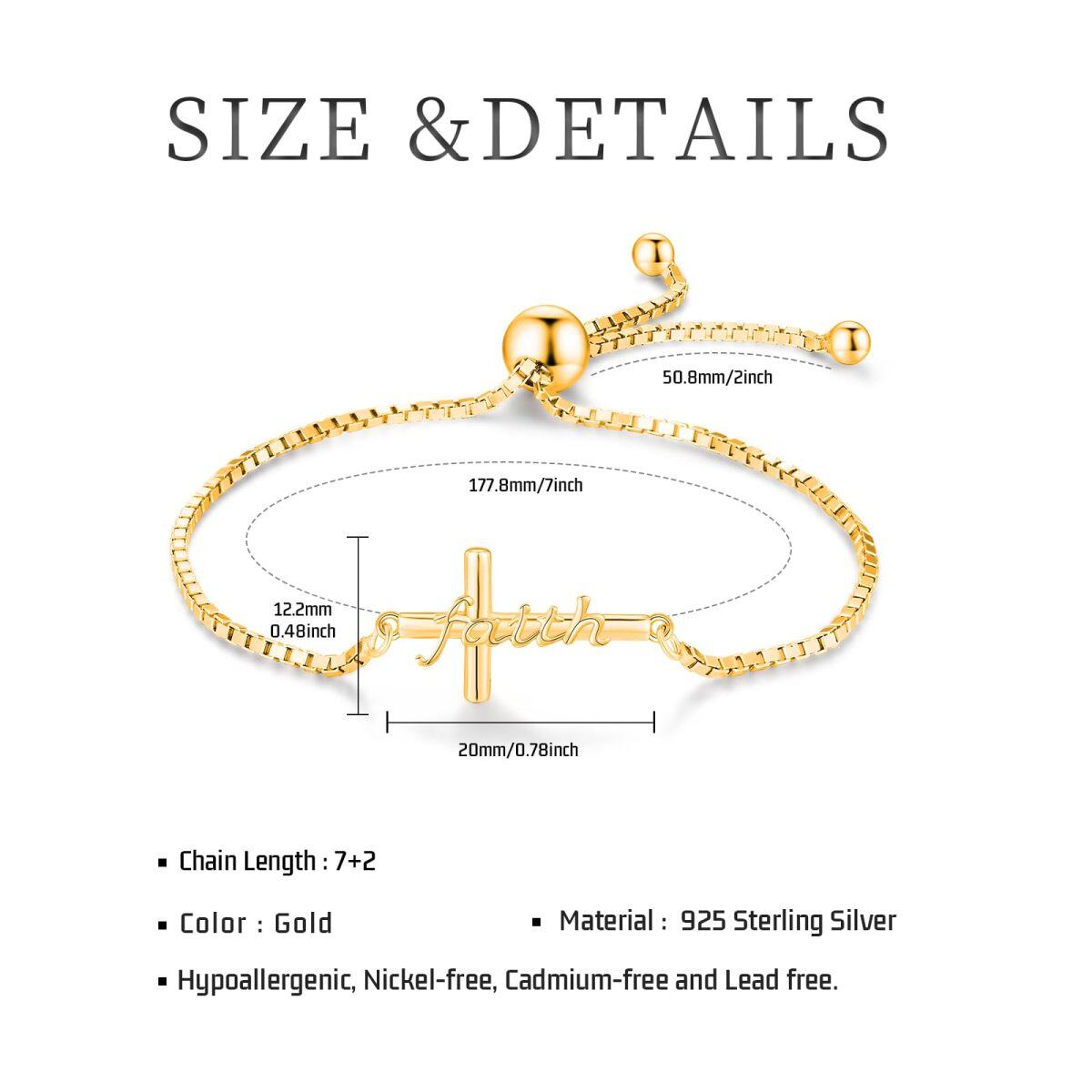 Pulsera con colgante de cruz de fe chapada en oro amarillo de plata de ley para mujer-6