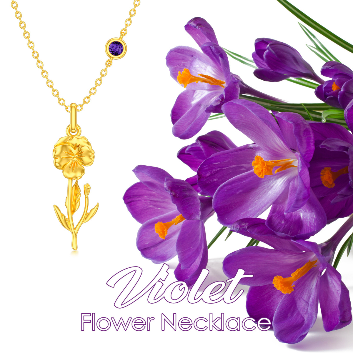 Collier en argent sterling et plaqué or jaune avec pendentif en forme de fleur violette po-6