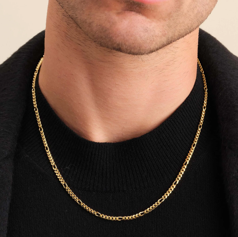 Collar de cadena Figaro de plata de ley con baño de oro amarillo para hombre de 3 mm-2