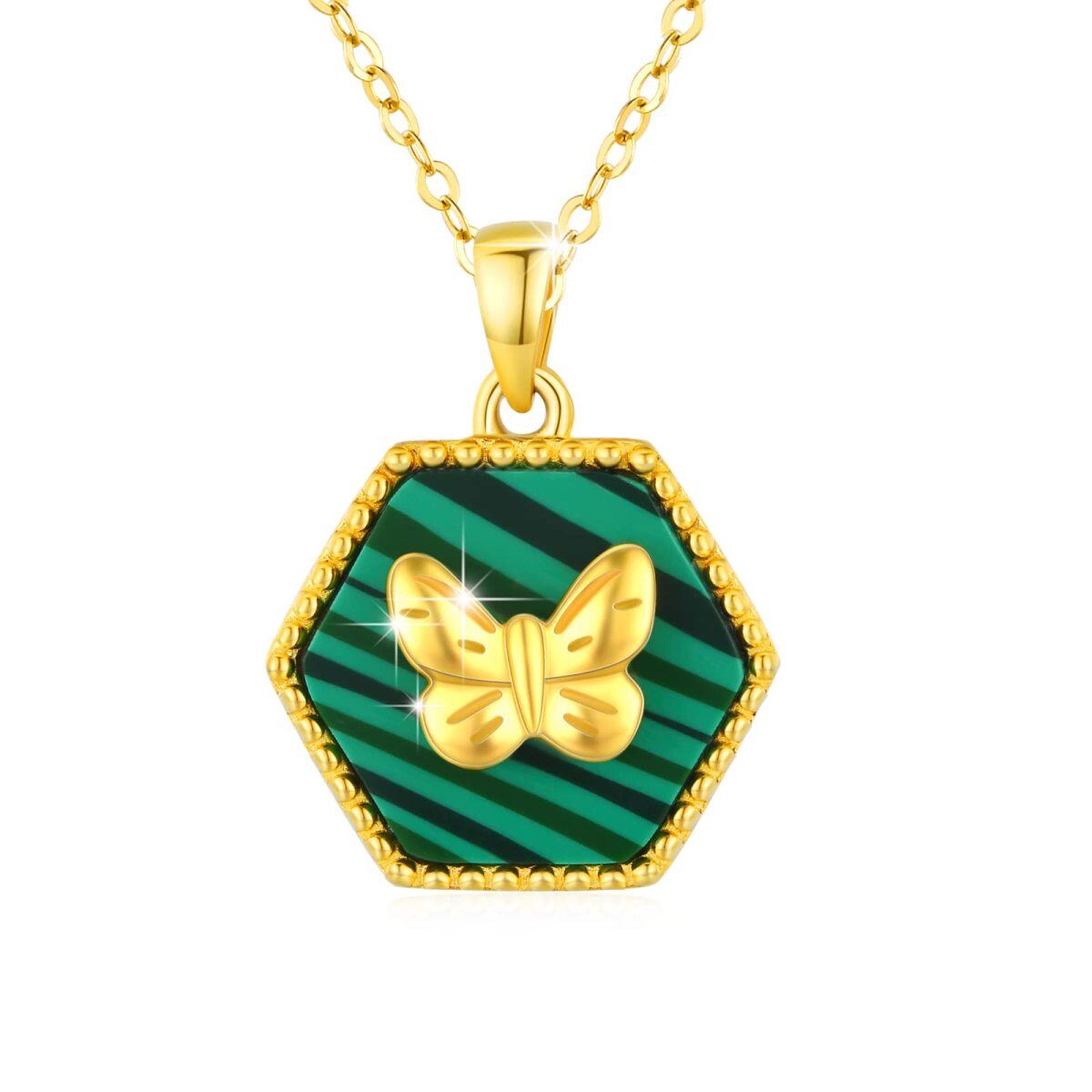 Collana con ciondolo a forma di stella di malachite a cinque punte in argento 925 placcato oro giallo.-1