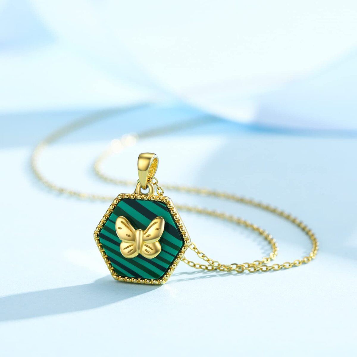 Collana con ciondolo a forma di stella di malachite a cinque punte in argento 925 placcato oro giallo.-4