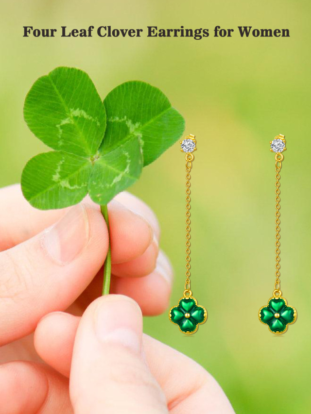 Sterling Silver with Yellow Gold Plated Cubic Zirconia Four Leaf Clover Drop Earrings-5