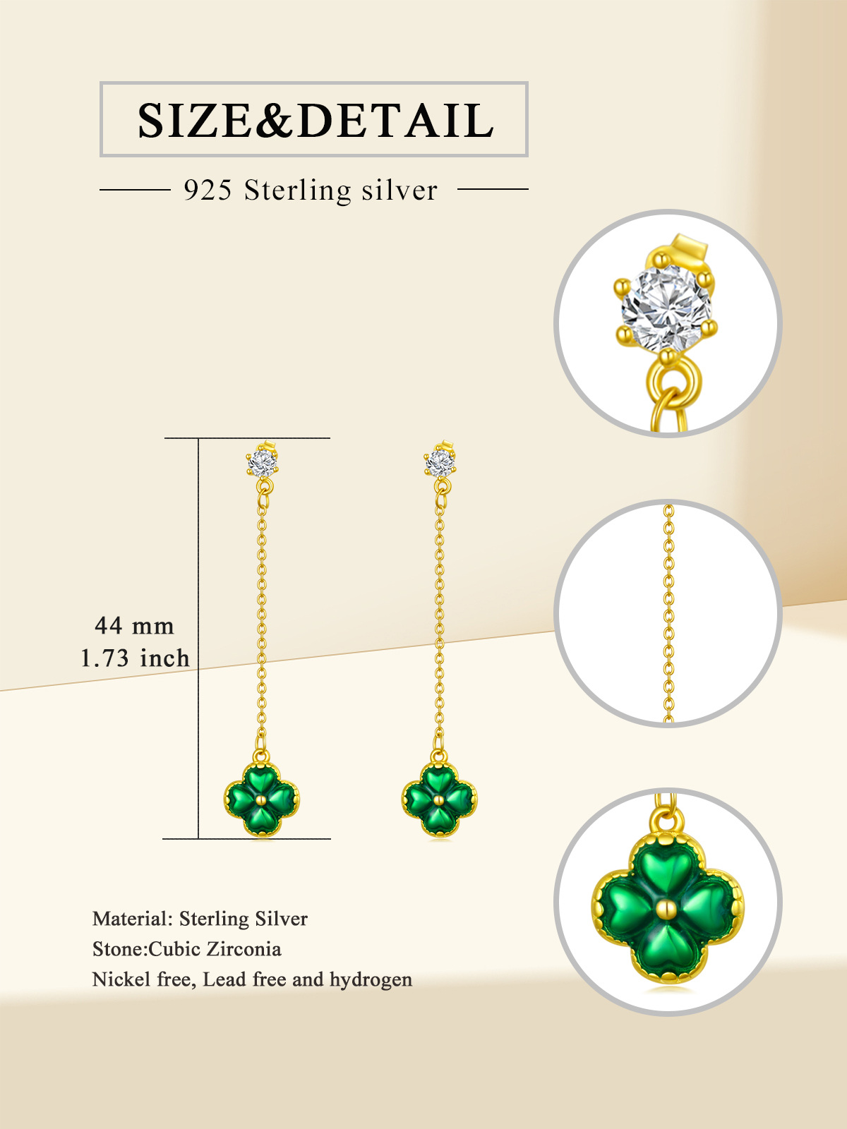 Boucles d'oreilles pendantes en argent sterling avec oxyde de zirconium plaqué or jaune, trèfle à quatre feuilles-6