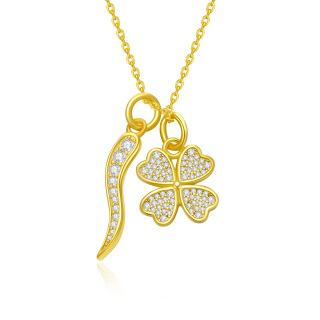 Sterling Silver with Yellow Gold Plated Cubic Zirconia Four Leaf Clover & Italian Horn Pendant Necklace-2