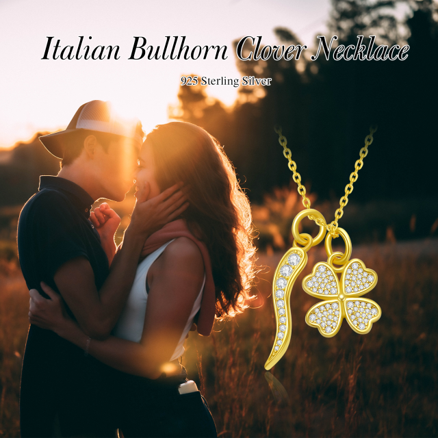 Sterling Silver with Yellow Gold Plated Cubic Zirconia Four Leaf Clover & Italian Horn Pendant Necklace-3