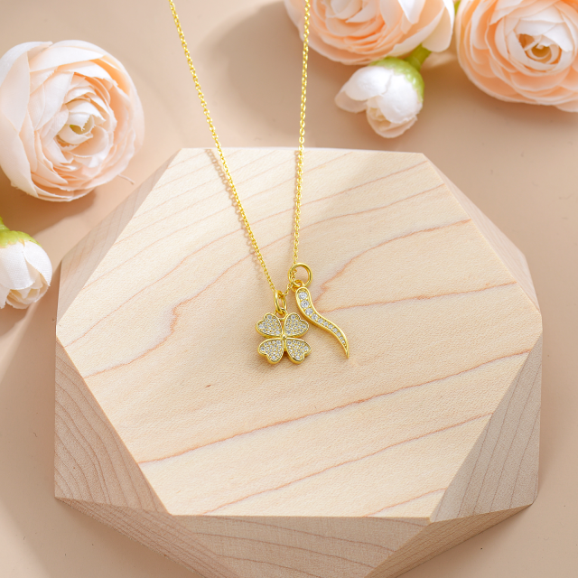 Sterling Silver with Yellow Gold Plated Cubic Zirconia Four Leaf Clover & Italian Horn Pendant Necklace-5