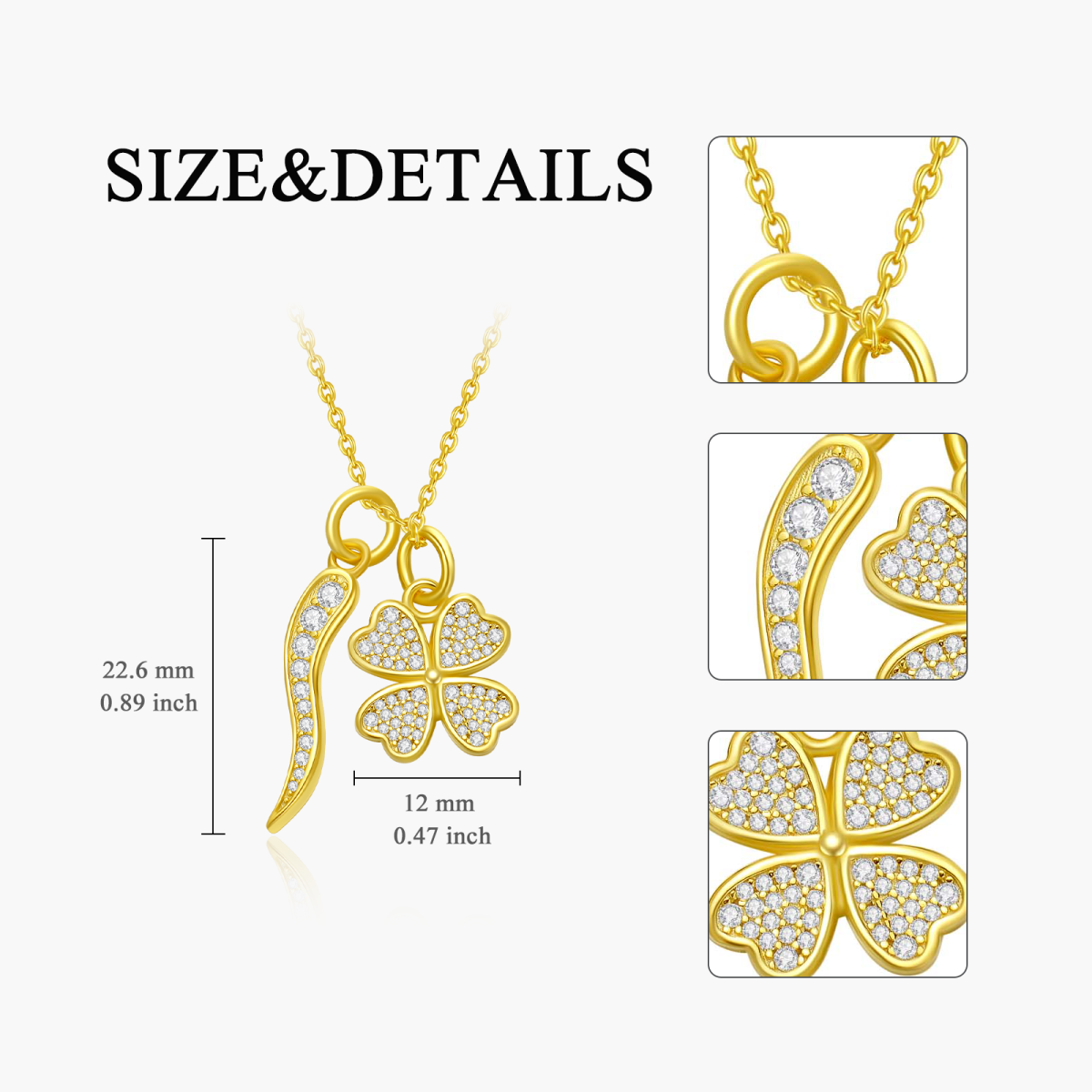 Sterling Silver with Yellow Gold Plated Cubic Zirconia Four Leaf Clover & Italian Horn Pendant Necklace-6