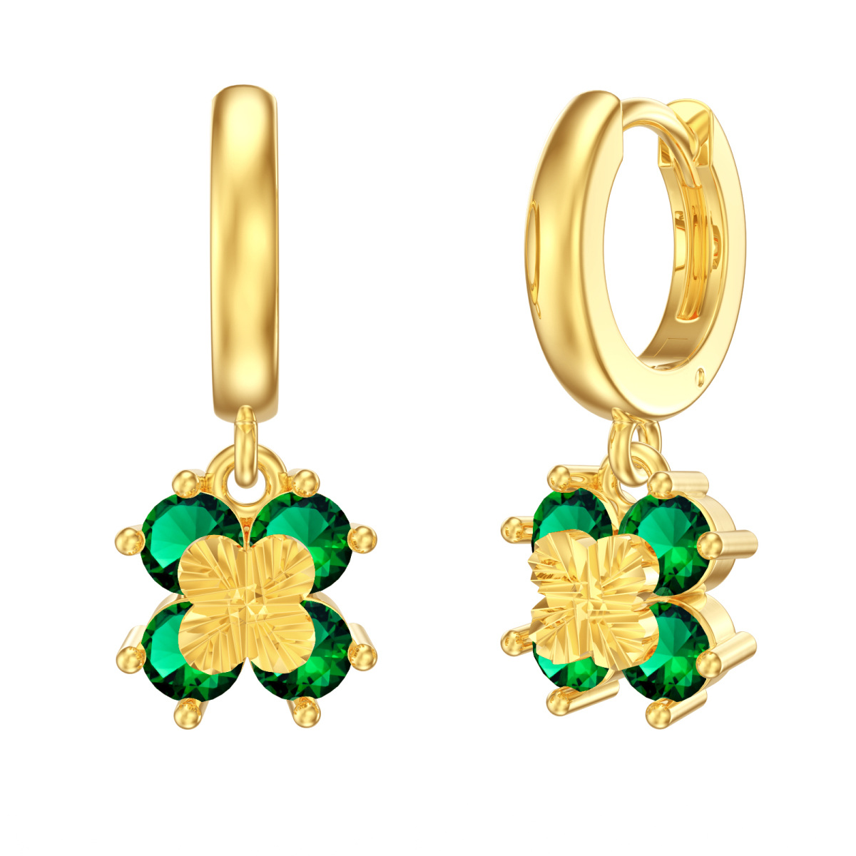 Sterling Silver with Yellow Gold Plated Cubic Zirconia Four Leaf Clover Lever-back Earrings-1