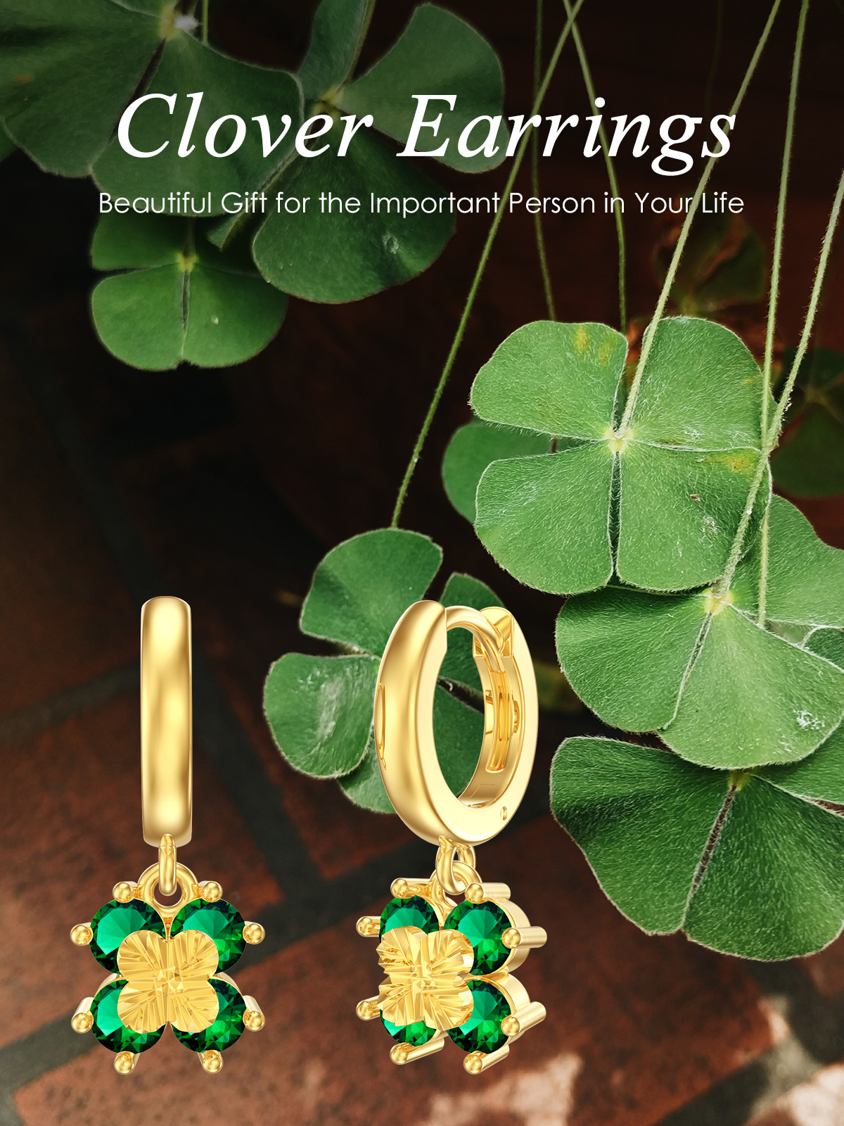 Sterling Silver with Yellow Gold Plated Cubic Zirconia Four Leaf Clover Lever-back Earrings-5