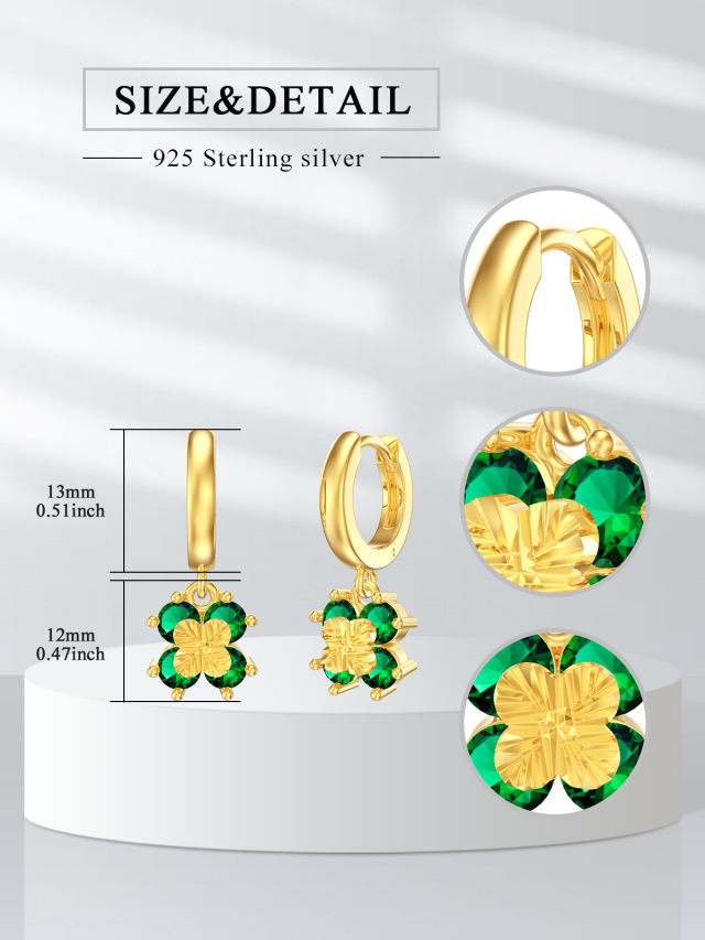 Ohrringe mit Klappverschluss aus Sterlingsilber mit Gelbgold-Plattierung und Zirkonia in Form eines vierblättrigen Kleeblatts-6