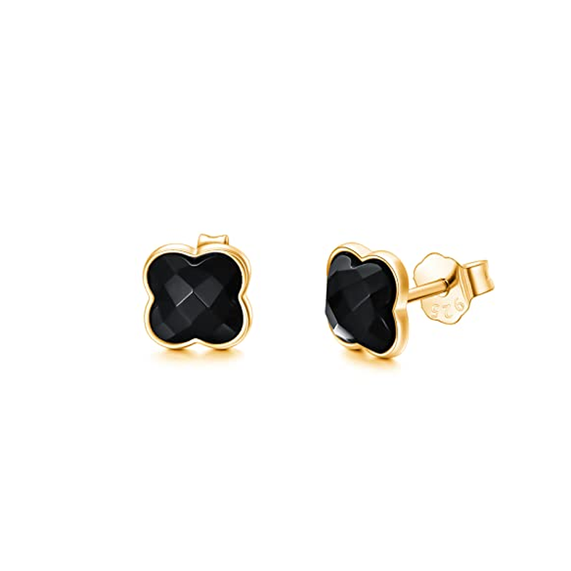Brincos de pino de trevo de quatro folhas banhados a ouro amarelo e prata esterlina com zircônia cúbica-1