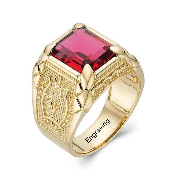 Sterling Silver with Yellow Gold Plated Garnet Personalized Engraving Ring for Men-3