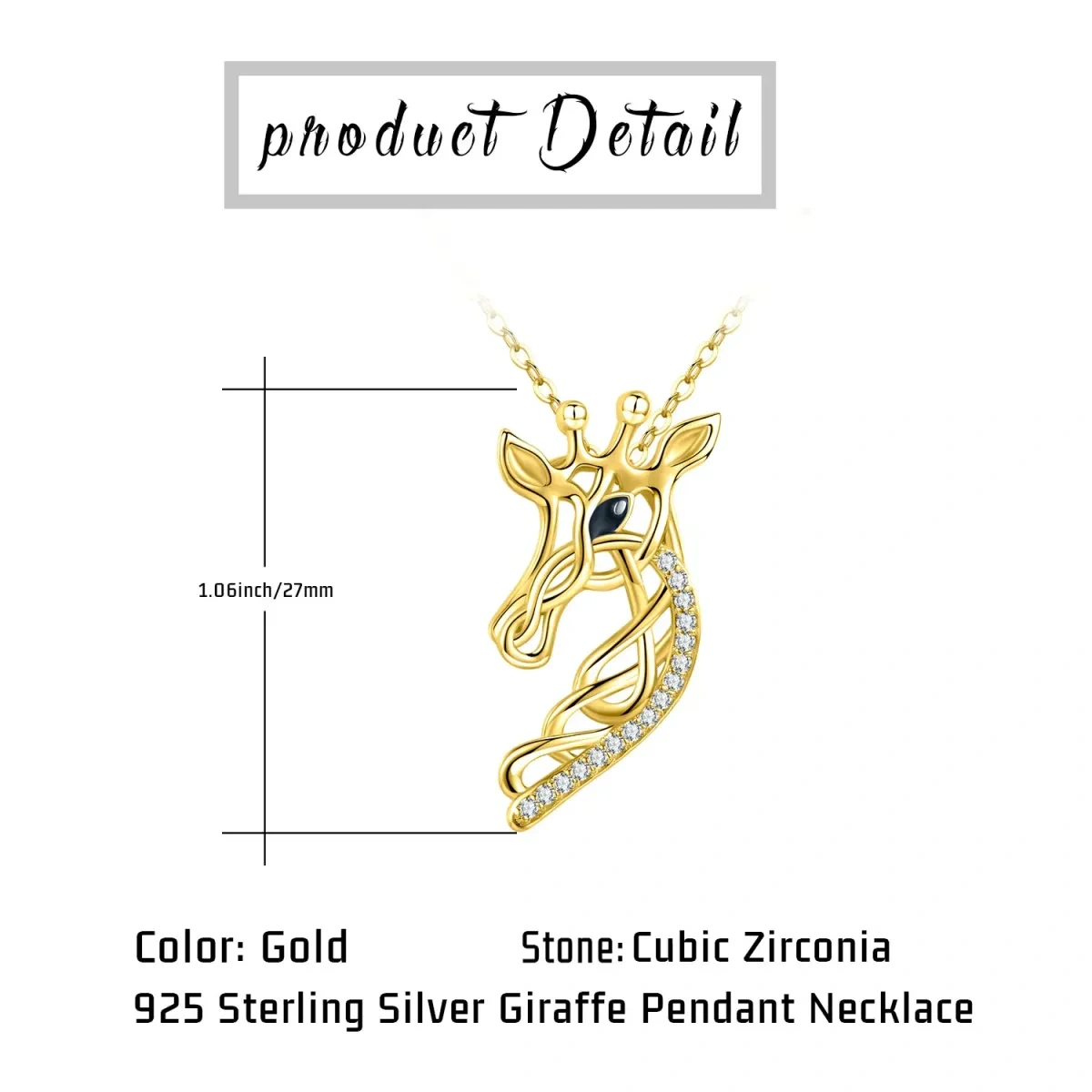 Collier en argent sterling avec pendentif en zircon cubique plaqué or jaune Girafe et nœud-5