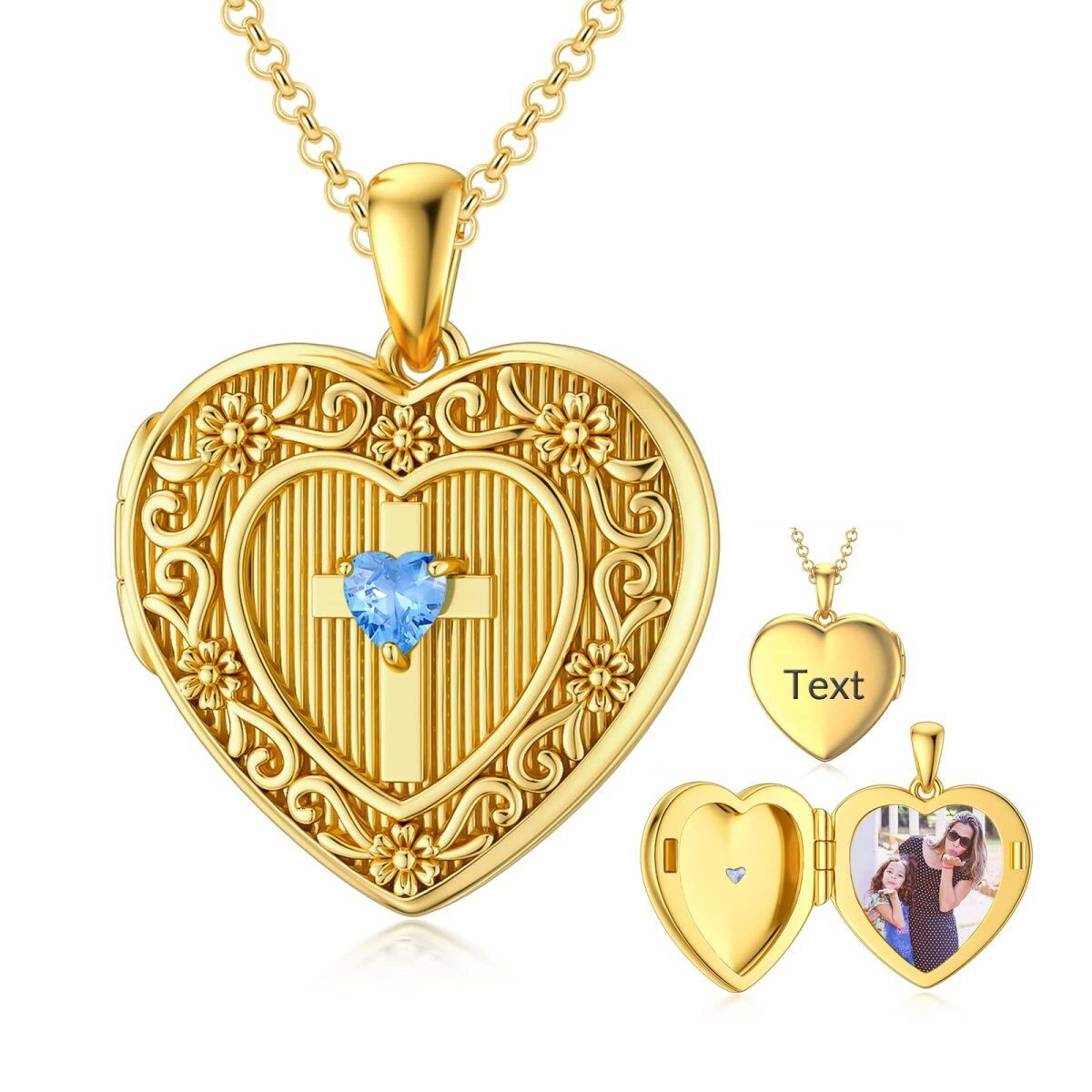 Plata de ley con baño de oro amarillo Corazón y Cruz Personalizado Grabación Foto Relicario Collar-1