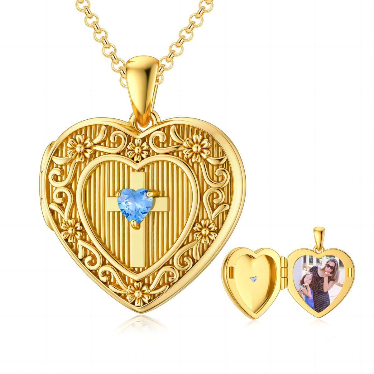 14K Gold Heart Personalized Birthstone Cross Heart Photo Locket Necklace for Women-1