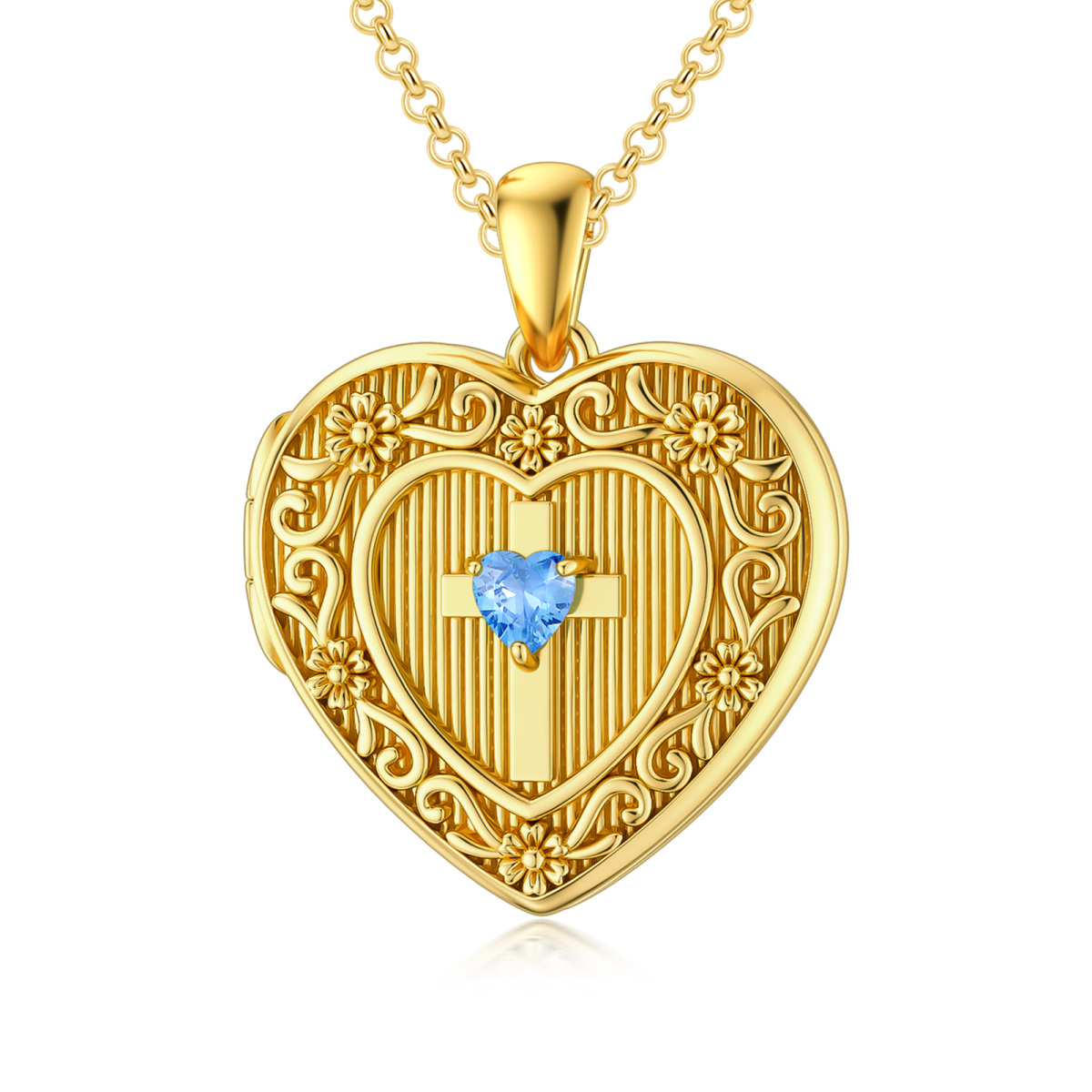 Gold Vermeil Personalized Birthstone Cross Heart Photo Locket Necklace for Women-1