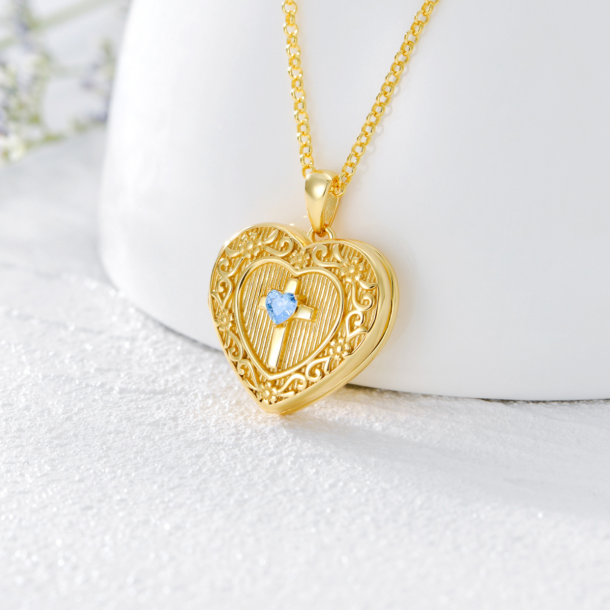 Gold Vermeil Personalized Birthstone Cross Heart Photo Locket Necklace for Women-3